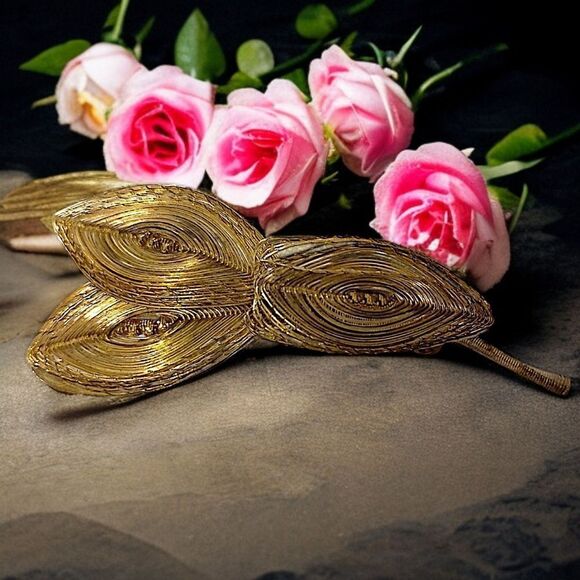 PRINCESS Wire Wrapped Brooch Pin Triple Leaf Gold Tone West Germany Modernist - Picture 1 of 16